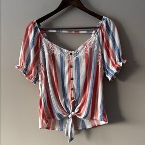 CRAVE FAME ALMOST FAMOUS SHORT SLEEVE TOP WITH LACE DETAIL RED WHITE & BLUE XL